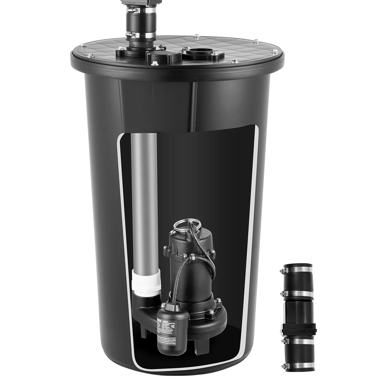 VEVOR 1 HP Cast Iron Sewage Grinder System, 5100 GPH Centrifugal Submersible Pump with Basin, Grinding Blade, 120V Automatic Float Switch, 2" Discharge, Copper, Underground/Basement/Bathroom Wastewater Seepage Removal, Check Valve, Overload Safe, Black, B