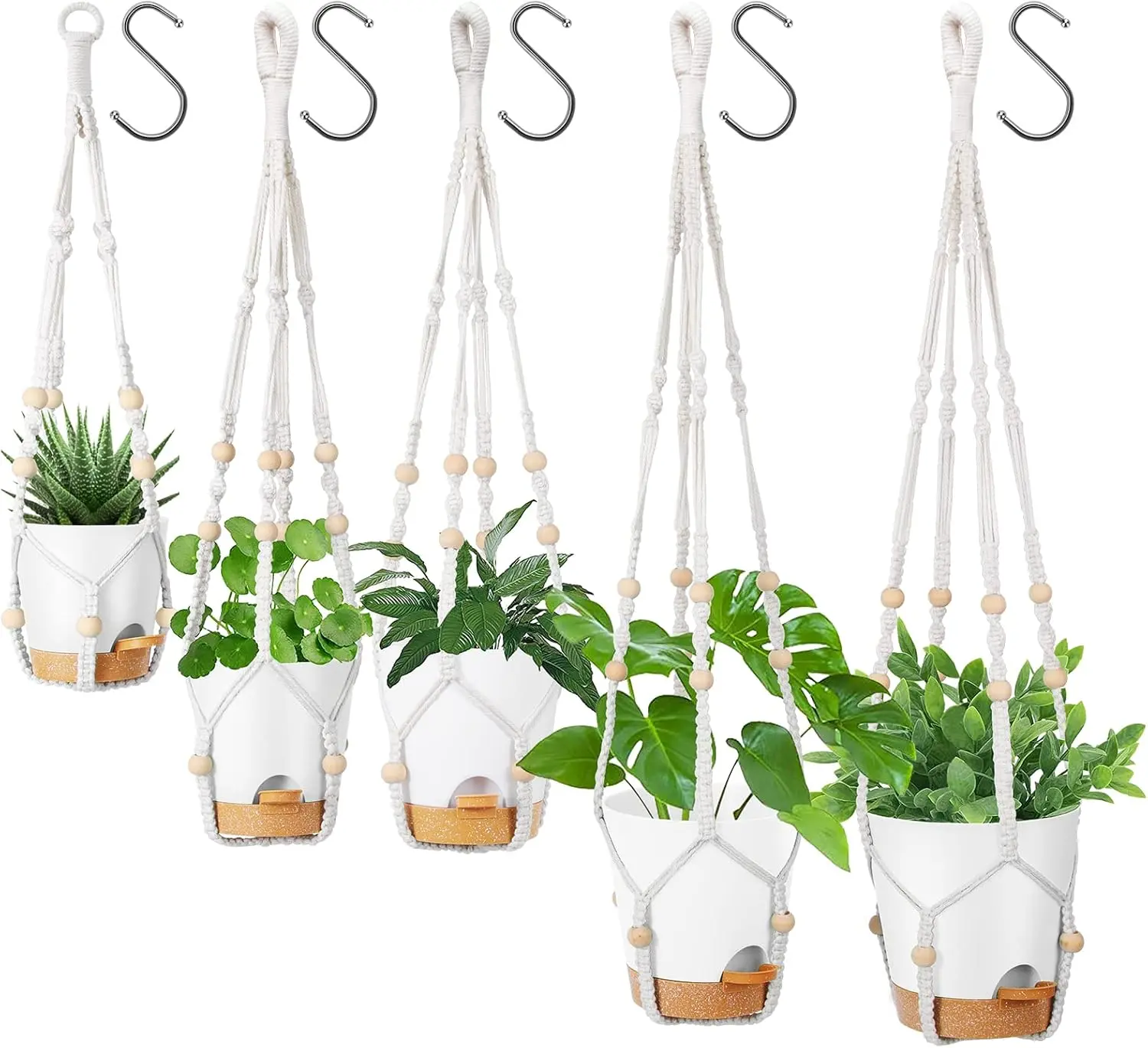 5Pcs Multi-Size Self-Watering Macrame Hanging Planters with Drainage, 35/29/23In Hangers, 7/6.5/6/5.5/5In White Hanging Baskets for Indoor Use, Boho Room Decor, Home Improvement Garden Supplies, Gift Idea
