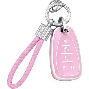 New Upgrade Key Fob Cover fit for Chev 5 Button Soft TPU Car Keys Case Shell Keychain Accessories for Malibu Equinox Blazer Traverse Camaro Cruze Trax LT Trailblazer Spark Smart Keys Pink
