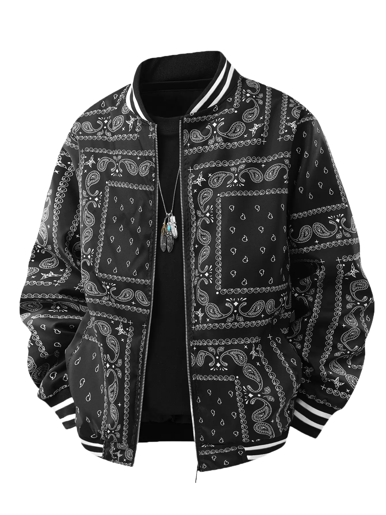 Men's bandana baseball bomber jacket with paisley all-over print and striped ribbed collar, zip-up streetwear windbreaker coat