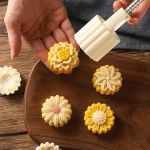 1-Mold & 4-Stamp DIY Moon Cake & Cookie Maker with Flower Shaped Stamps - Plastic Hand Press Baking for Mung Bean Cakes, Mid-Autumn Festival Pastry Mold, Chinese Mooncake DIY Kit for Baking