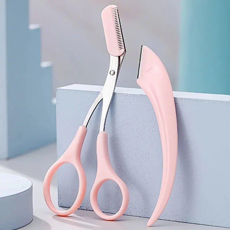 Curved Eyebrow Razor Set - 2Pcs Eyebrow Trimmer & Scissors with Comb - Beauty Tool for Beginners - Hair Removal Accessories for Men & Women - Pink Makeup Compact Cosmetic Storage