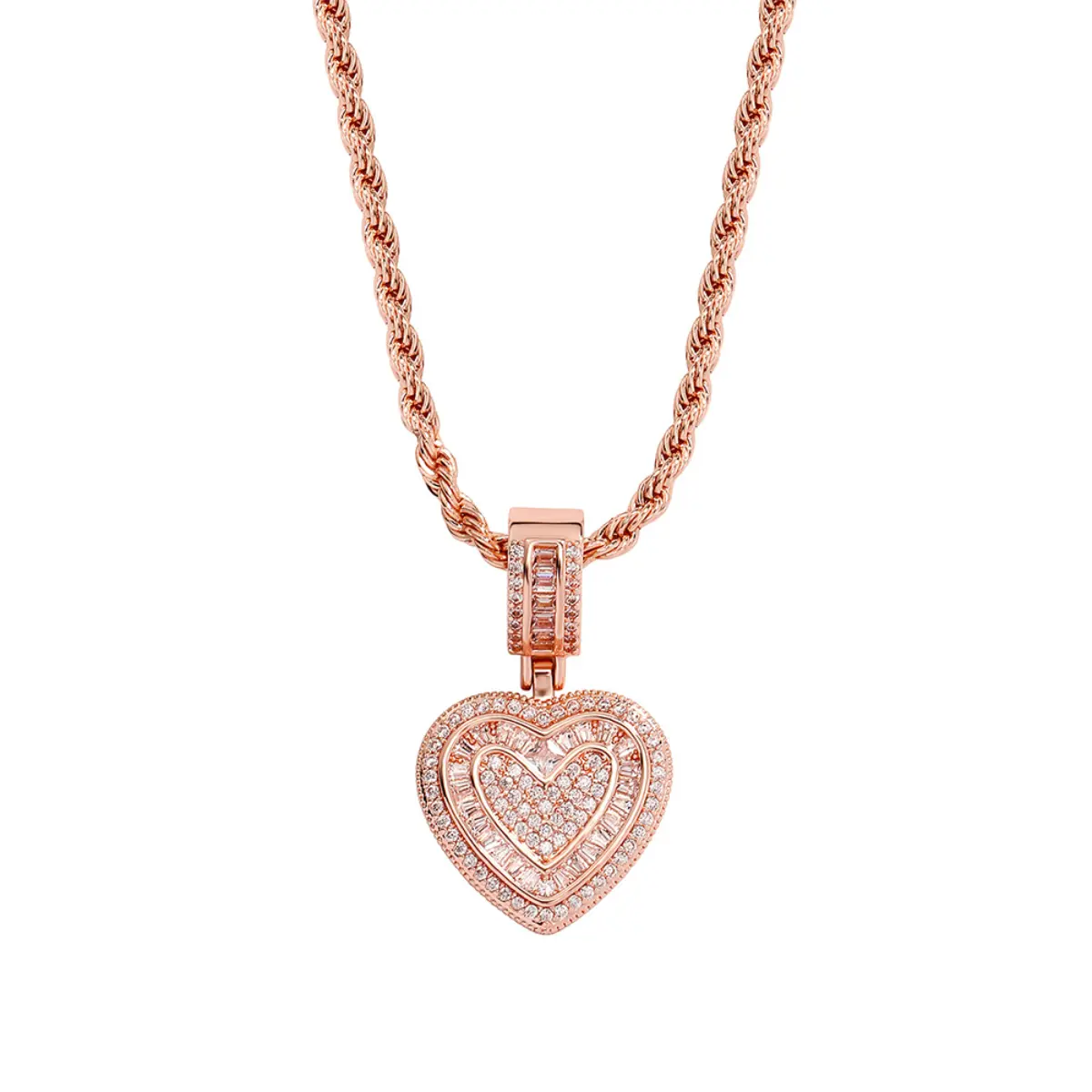 2026 New Year Gift| Rose gold Iced-Out Bling Bling Heart Necklace w/24inches Stainless Steel Rope Chain| Holiday Gift| Christmas Gift| Gifts for Girlfriend| Gifts for Wife| Gifts for Boyfriend