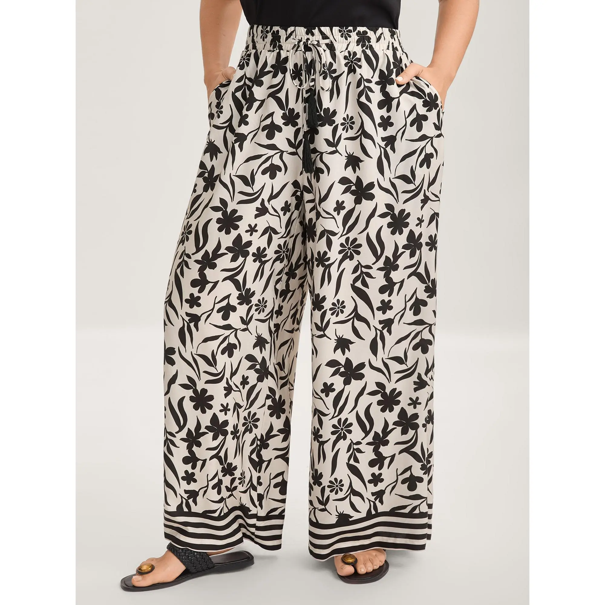 BloomChic Floral Print Wide-Leg Contrast Pants 【M-6XL】
