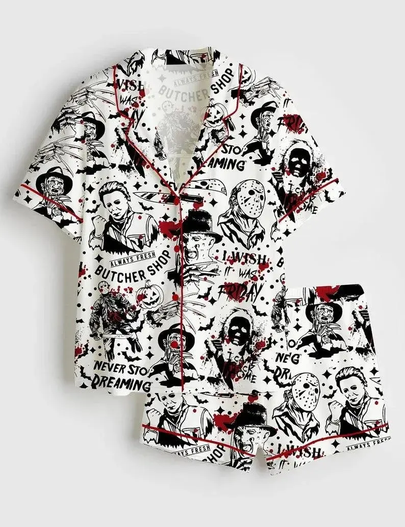 Retro Halloween Horror Movie Satin Pajama Set for Women, Spooky Silky Sleepwear and Loungewear