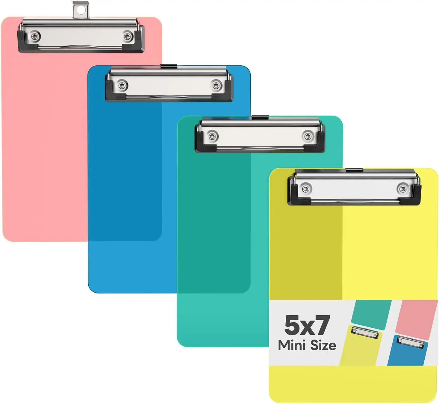 Mini Clipboard Set of 4, 5 x 7 Plastic Small Colored Clip Boards with Low Profile Clip, Memo Size for Classroom, Teacher, Students, School & Office Supplies