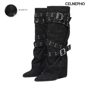 CELNEPHO Knee High Slouchy Boots for Women Pointed Toe Wedge Heel Adjustable Buckles Fold Over Design Easy Pull on Comfy Goth Punk Streetwear Work Casual Everyday Wear Summer Fashion Tall Long Dressy Denim Gaiter Shoes Deals For You Days