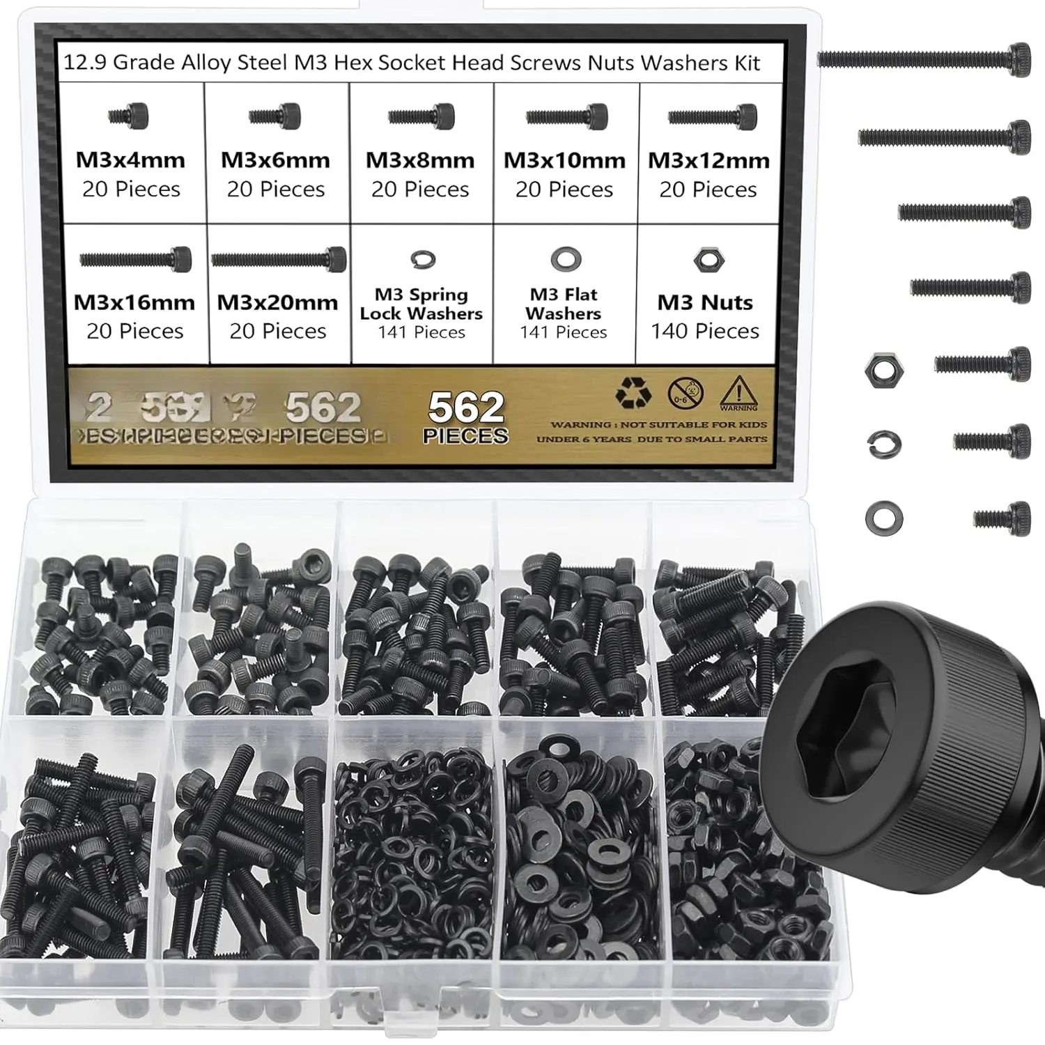 562 count Black M3 x 4/6 /8/10 /12/16 /20mm Hex Socket  Cap Screws Nuts Washers Assortment Kit, 12.9 Grade Alloy Steel