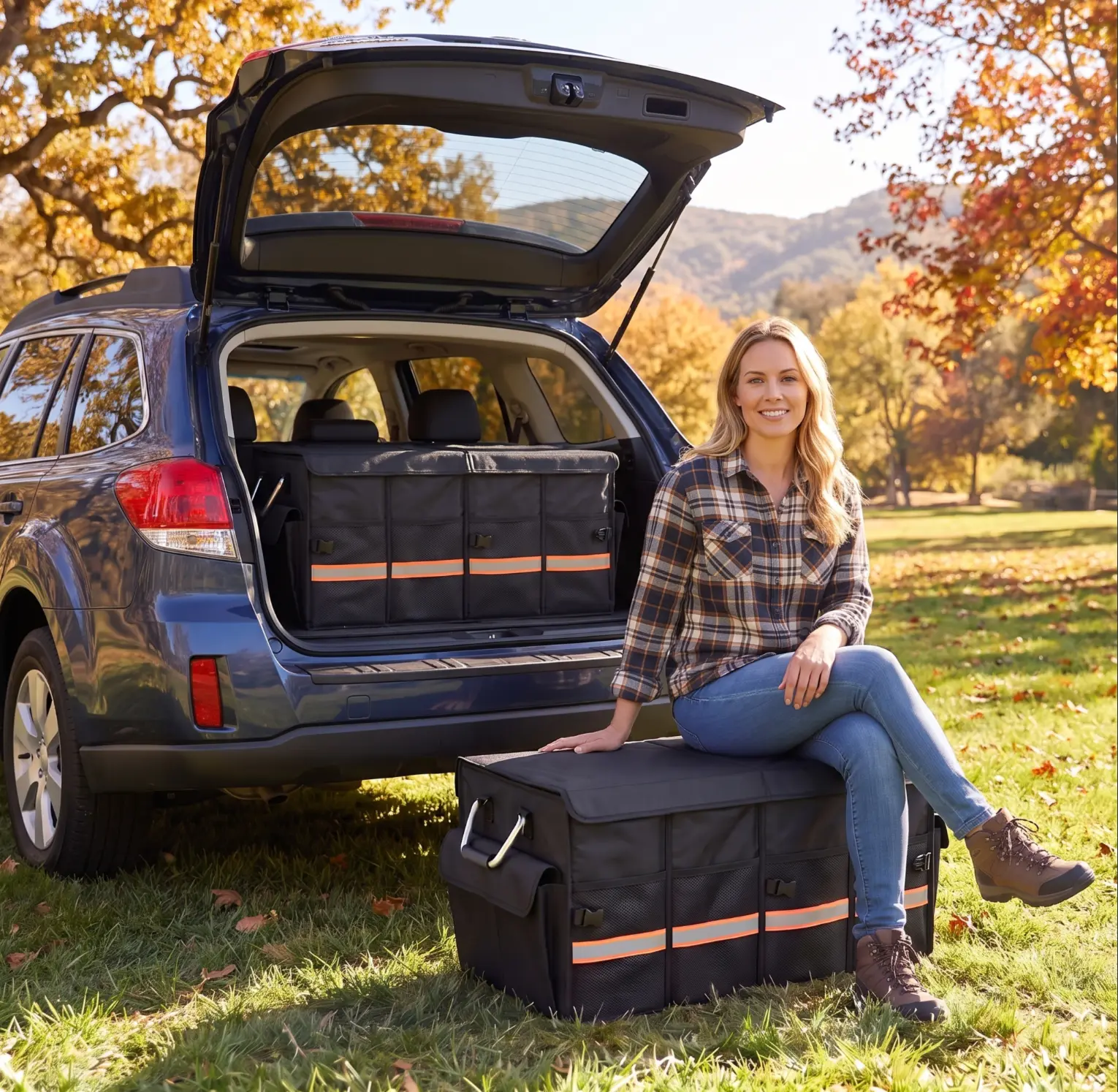 Car Trunk Organizer with Lid - 1680D Heavy-Duty Oxford 3-Compartment Collapsible Waterproof Storage Box, Vehicle Accessory with Reflective Strip, Non-Slip Bottom, 4 Mesh Pockets for Cars, Truck Accessories, Rear Cargo Organizer Stowing & Tidying