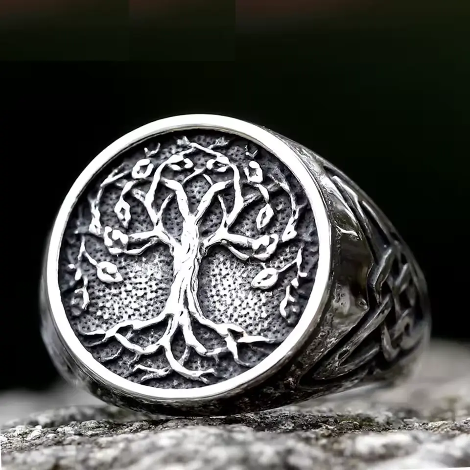 Nordic Vikings Runes Amulet Life Tree Stainless Steel Ring - Unisex Odin Fashion Costume Jewelry Accessory