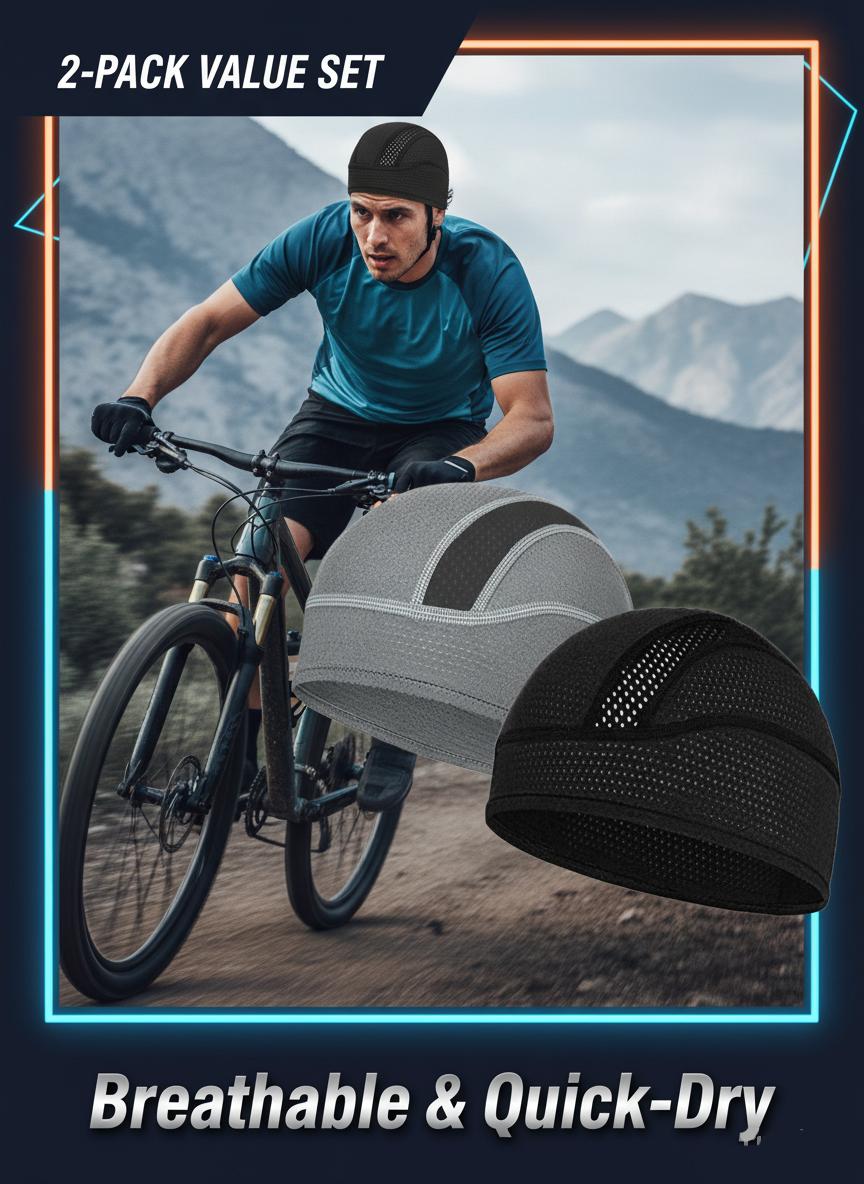 2 Pack Skull Cap Helmet Liner Beanie, Cooling Mesh Cycling Running Hat for Men Women, Fits Under Helmets
