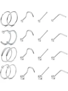Fashion 22G 20G 18G Nose Rings for Women Men, Nostril Nose Piercing Jewelry Set, Surgical Steel Nose Ring Hoops, L Shape Nose Stud, Screw Nose Studs, Bone Nose Studs