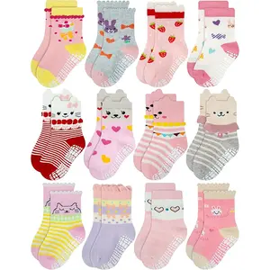 Non Skid Anti Slip Cotton Dress Crew Socks With Grips For Baby Infant Toddler Kids Girls