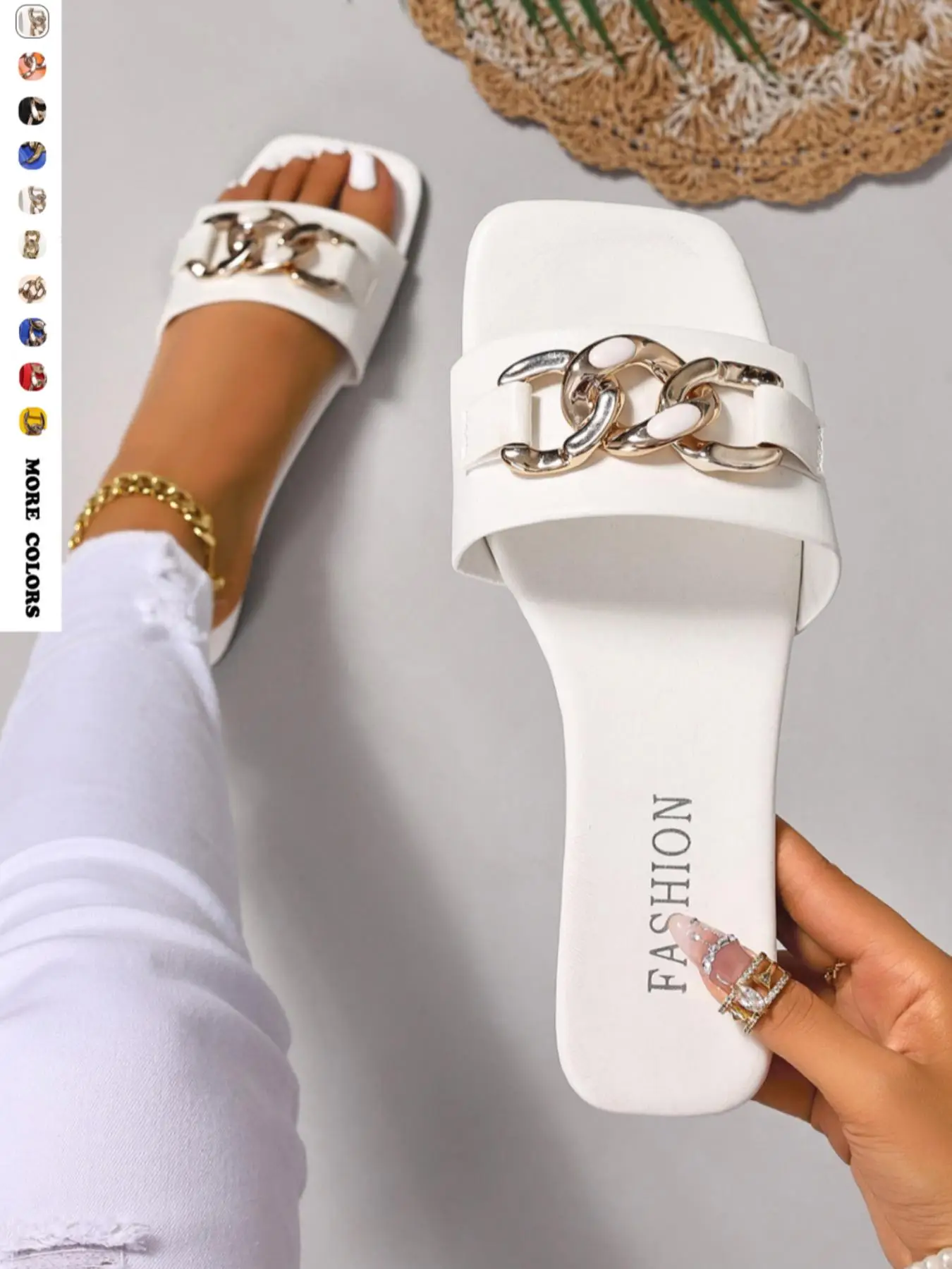 Women's Fashionable Plain Color Chain Decorated Slides, Casual Comfortable Flat Sandals for Beach, Home, and Everyday Wear, Trendy All-match Slide Sli