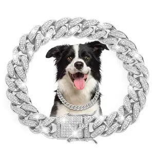Dog Chain Collar Diamond Link Puppy Collar 12 mm Wide Dog Necklace Metal Cat Chain Pet Crystal Necklace Jewelry Accessories for Small Medium Large Pet