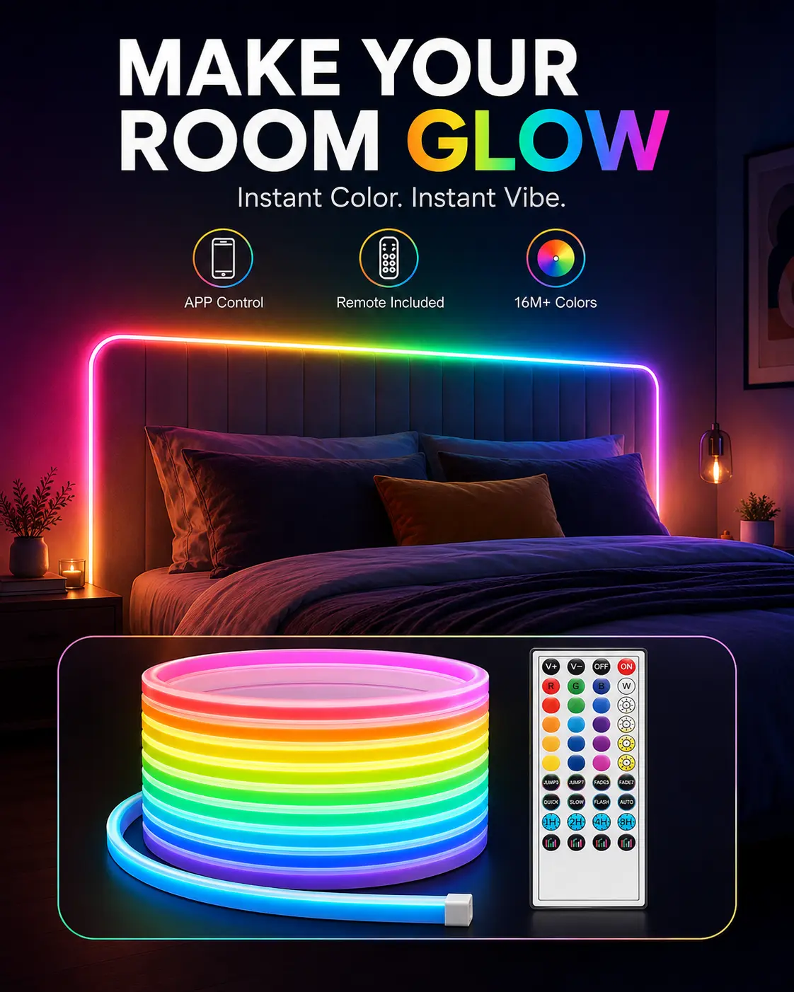 2 Premium Silicone Cuttable RGB LED Strip Lights - 16M+ Colors, APP Control, Included Remote, IP65 Waterproof, USB Powered, Cozy Glow, Indoor Room Decor LED Lights for Bedroom