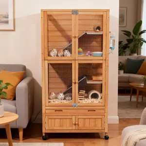 Wooden Hamster Cage with Storage Shelf -Natural Small Animal Habitat, Chew Proof