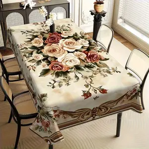 1PC Floral and European Printed Tablecloth, Rectangle Tablecloth - Durable polyester tablecloth with beige and orange rose design, perfect for dining rooms, hotels, party decorations