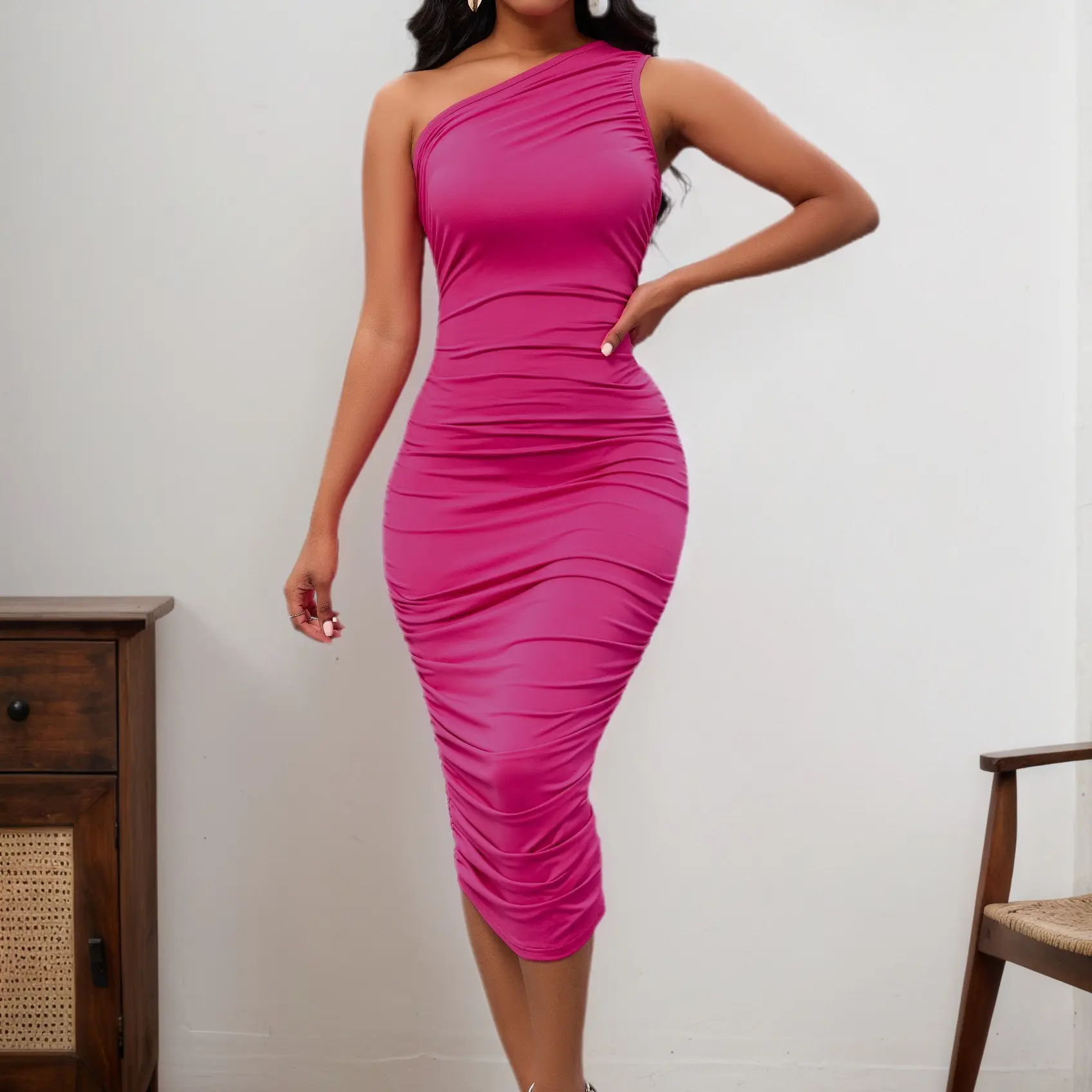 Women's One-Shoulder Sleeveless Ruched Midi Dress, Figure-Hugging Must-Have Gown for Club Night Formal Events