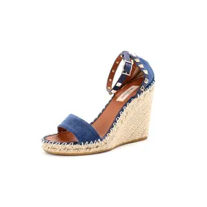 Pre-owned Valentino Garavani Women's Rockstud Wedge Espadrille Sandals Denim by Rebag