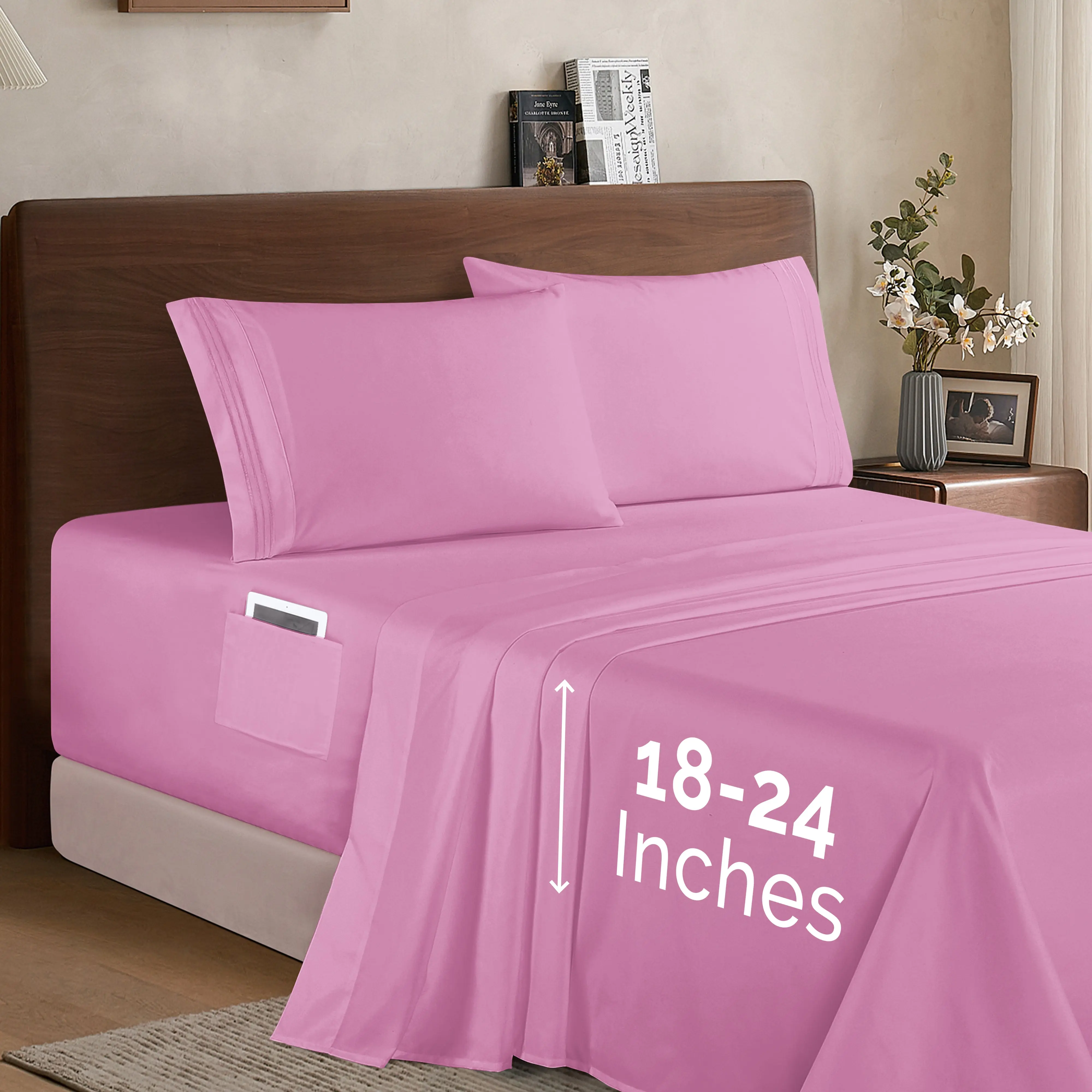 Mocassi 4-Piece Hotel Premier Fitted Sheet Set - Silky Microfiber Hotel Sheets, Embroidery Bedding, 3-Line Embroidery, 18-24in Extra Deep Pockets, Bright Shades