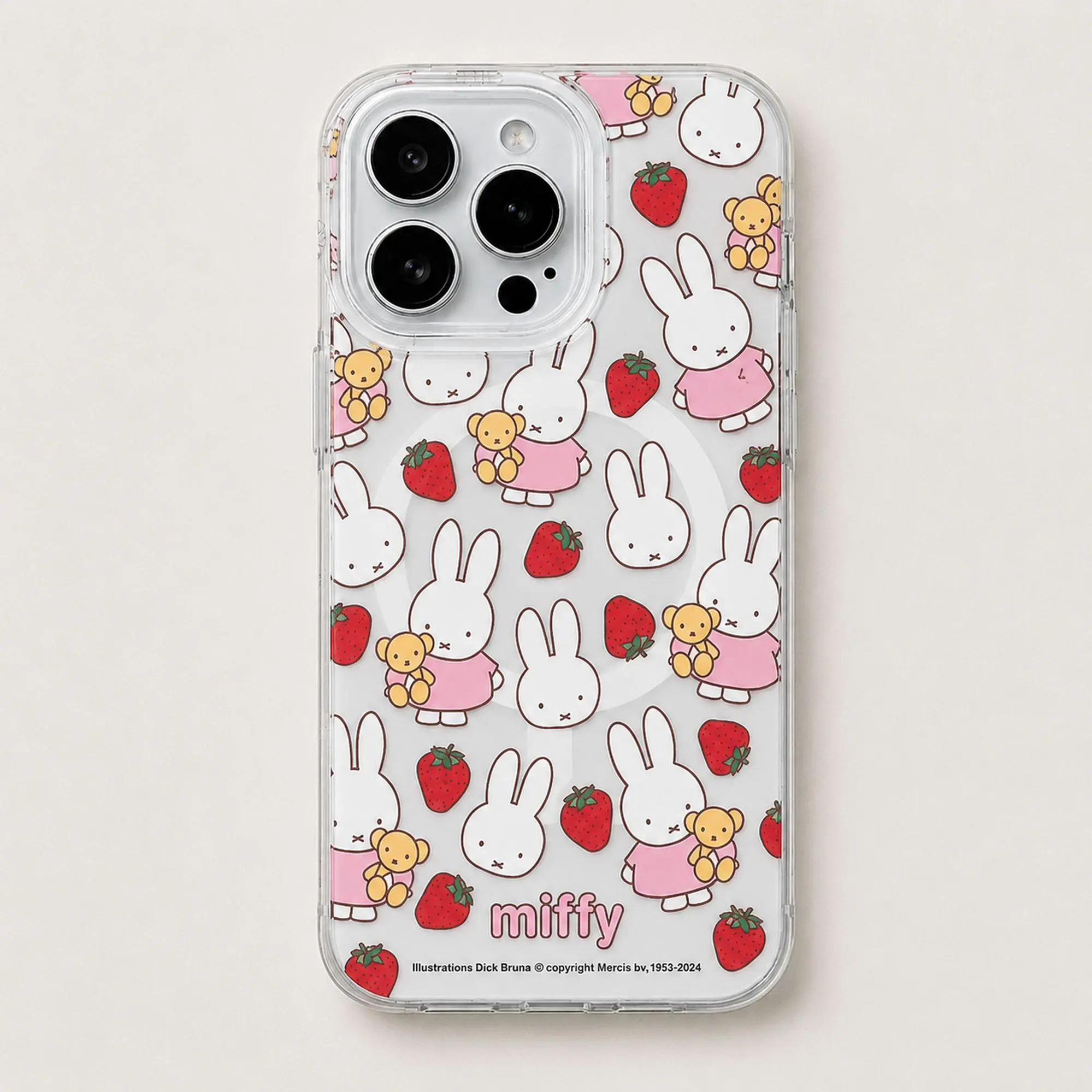 Cute Kawaii Miffy Bunny & Strawberry MagSafe Clear Phone Case, Teddy Bear Rabbit Shockproof Protective Cover, Slim Wireless Magnetic Case for iPhone 17 16 15 14 13 12 11 Pro Max, Samsung S26 S25 S24 S23 S22 Ultra