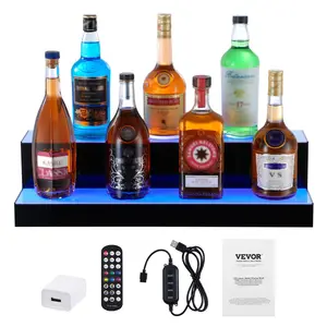 VEVOR LED Lighted Liquor Bottle Display,  , 2 Tiers 24 Inch Commercial Illuminated Home Bar Shelf, 2 Steps Whiskey Rack Stand, Acrylic Drink Shelves with RF Remote & App Control, and Multicolor lighting