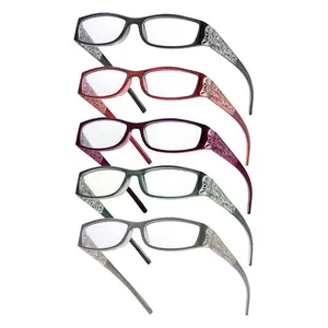 Reading Glasses for Women 5 Pack Fashion Readers with Spring Hinge Blue Light Protection Daily High Quality Eyewear in Black Red Purple Green Grey
