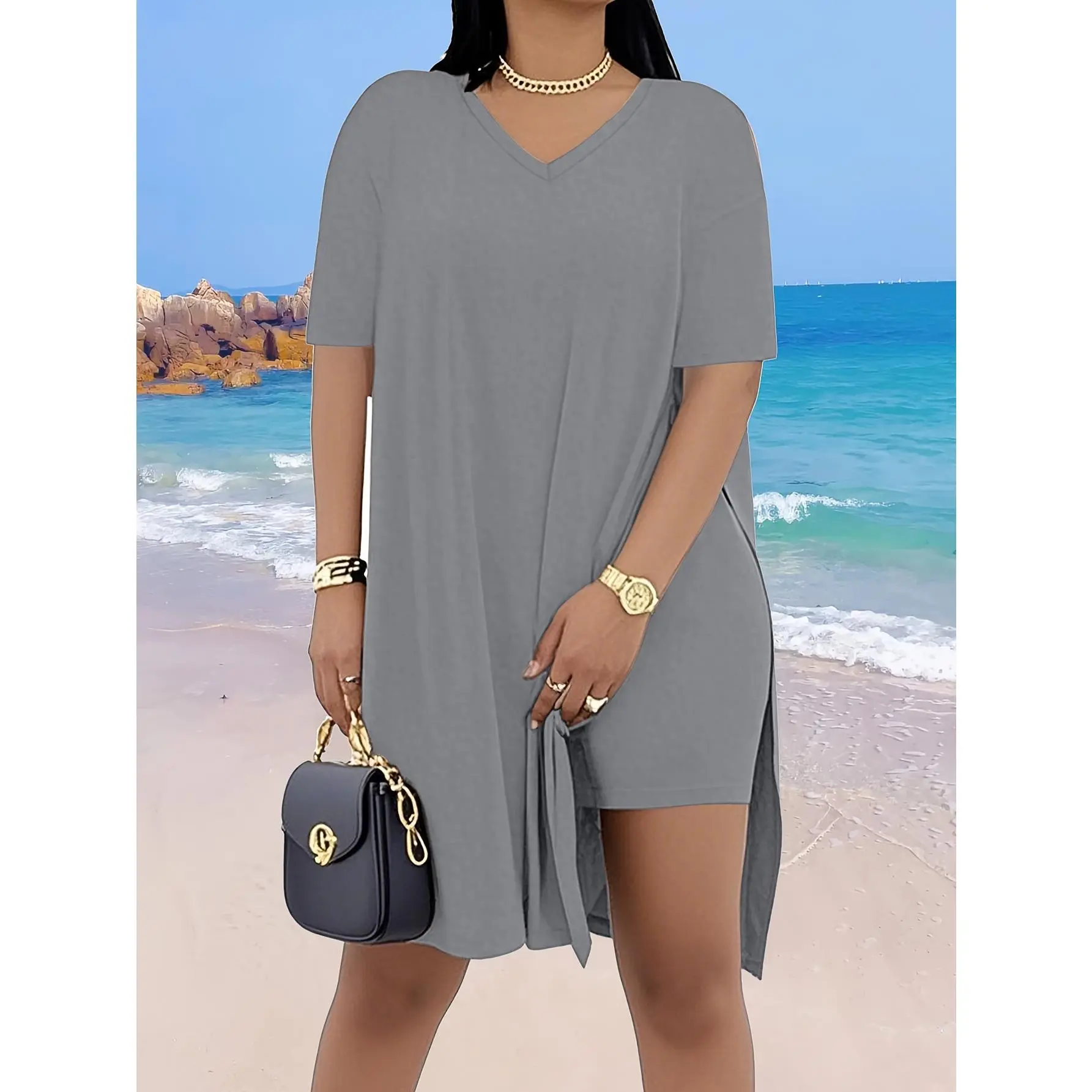 Plus-size women's V-neck short-sleeve set, solid color stretchy short-sleeve T-shirt and split shorts 2-piece set, suitable for jogging, shopping, and holiday parties, large size set