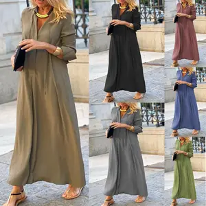 New European and American style dress for autumn and winter, large hem skirt, solid color V-neck, long sleeve, simple casual long dress for women