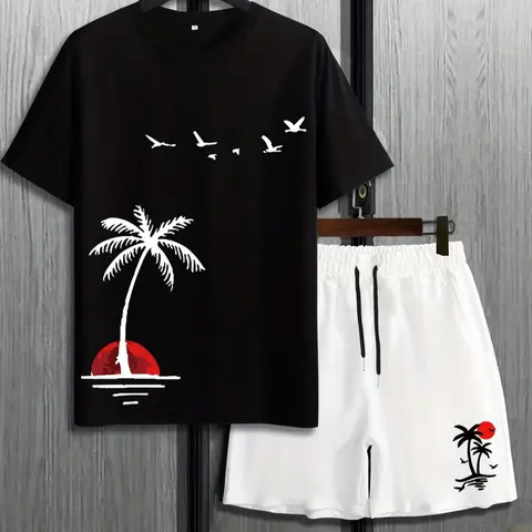 Men's Landscape Print Sleep Tee & Drawstring Shorts Pyjamas Set, Regular Fit Round Neck Short Sleeve T-Shirt & Elastic Waist Shorts PJ Set, Casual Comfy Men's Sleepwear & Loungewear Set for All Seasons, Nightwear, Pajamas Set