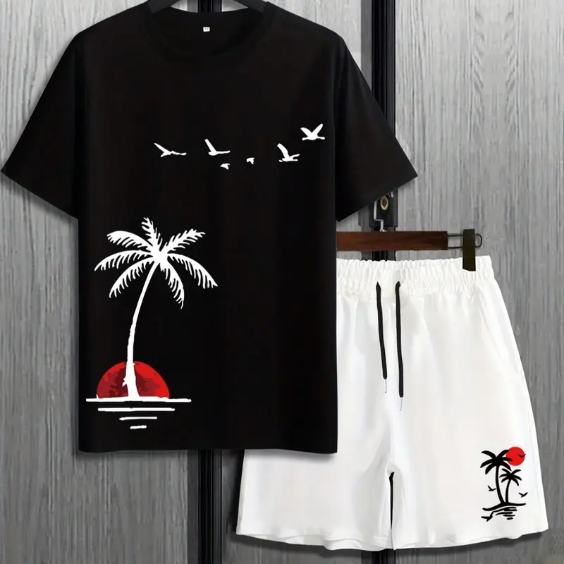 Men's Landscape Print Sleep Tee & Drawstring Shorts Pyjamas Set, Regular Fit Round Neck Short Sleeve T-Shirt & Elastic Waist Shorts PJ Set, Casual Comfy Men's Sleepwear & Loungewear Set for All Seasons, Nightwear, Pajamas Set