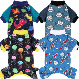 XPUDAC 4-Piece Dog Pajamas Soft Comfortable Universal Fit with Jellyfish Rocket Dinosaur & Shark Designs Stylish Dog Clothes for Boys & Girls Perfect for Home Wear & Parties Shirts