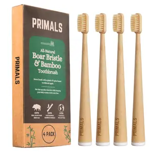 PRIMALS Boar Bristle & Bamboo Toothbrush (4-Pack) - 100% Real Boar Bristles - Plastic & Nylon Free