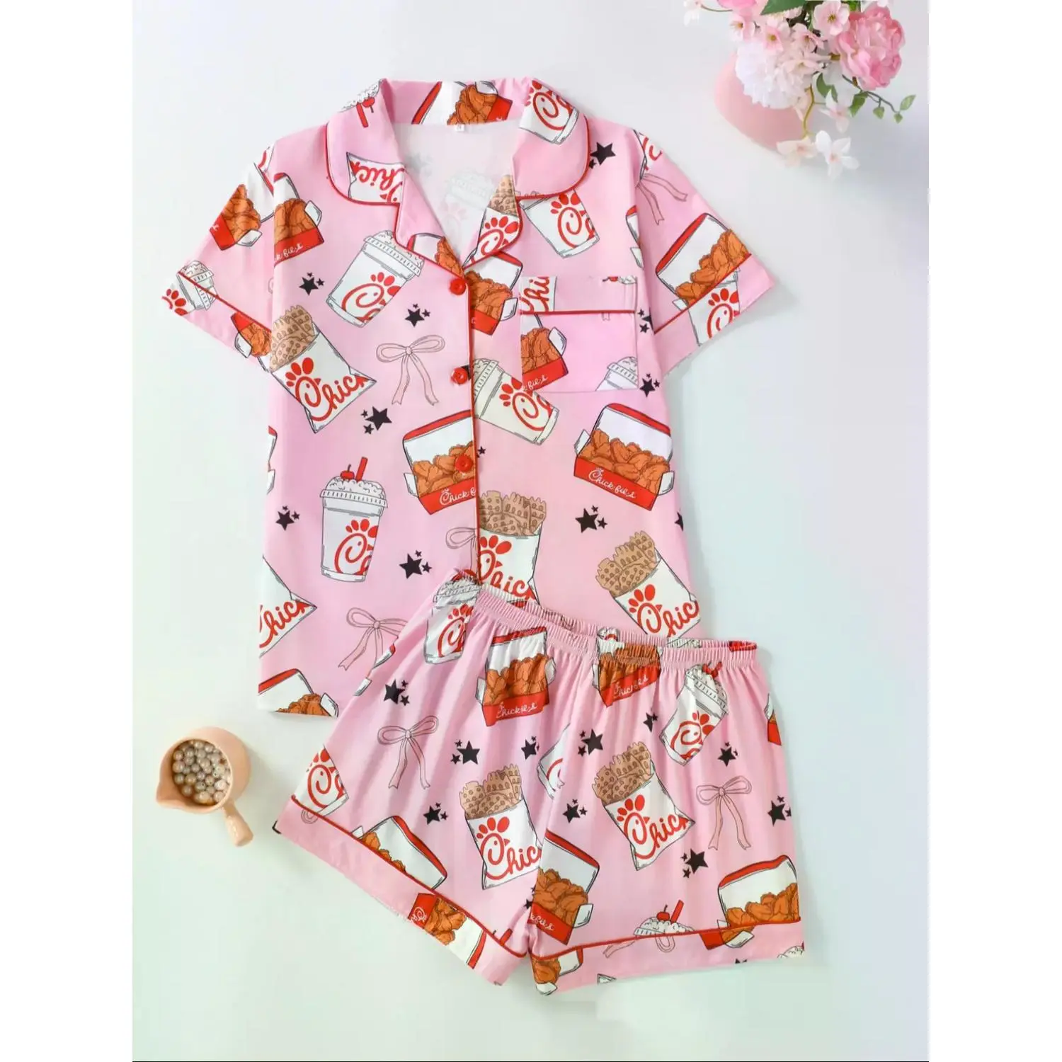 Elegant Women's All-Season Pajama Set: Casual Fitted Short Sleeve Top & Loose Comfortable Shorts