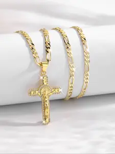 Vintage Zircon Jesus Crucifix Pendant Necklace, Cross Pendant Necklace, Cross Design Necklace, Fashion Hip Hop Party Brass Plated Jewelry, Daily Wear, Birthday Gift, Religious Necklace