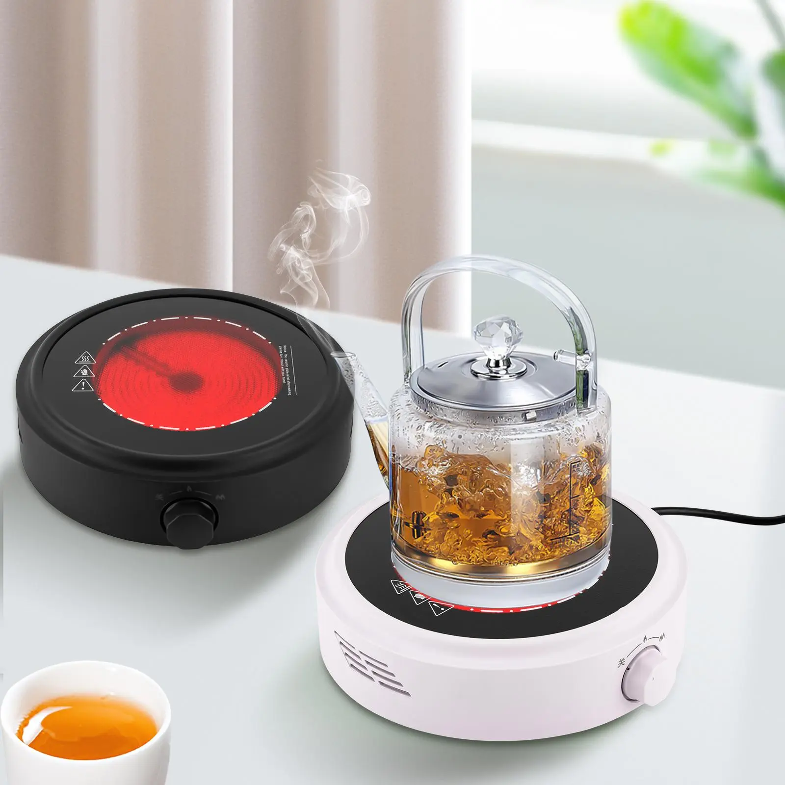 700W Sturdy Copper Corded Mini Electric Ceramic Stove - Portable Round Knob-Controlled Hot Plate, Modern Multifunction Home Heater for Flat-bottomed Utensils, Cast Iron Cookware, Teapots, Ideal for PC Desks, Party Use, Office