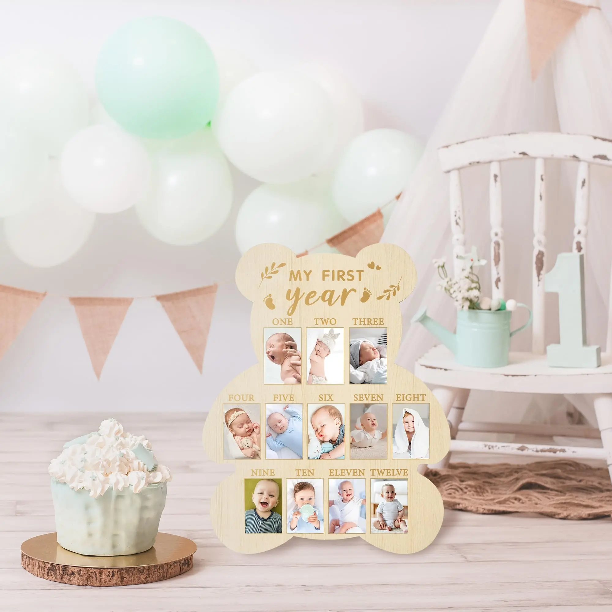 Baby First Year Photo Frame Bear Shape, Wooden Display Board for 1-12 Months Growth Record, Wall Hanging Memorial Picture Frame Decor, Cute Picture Frames