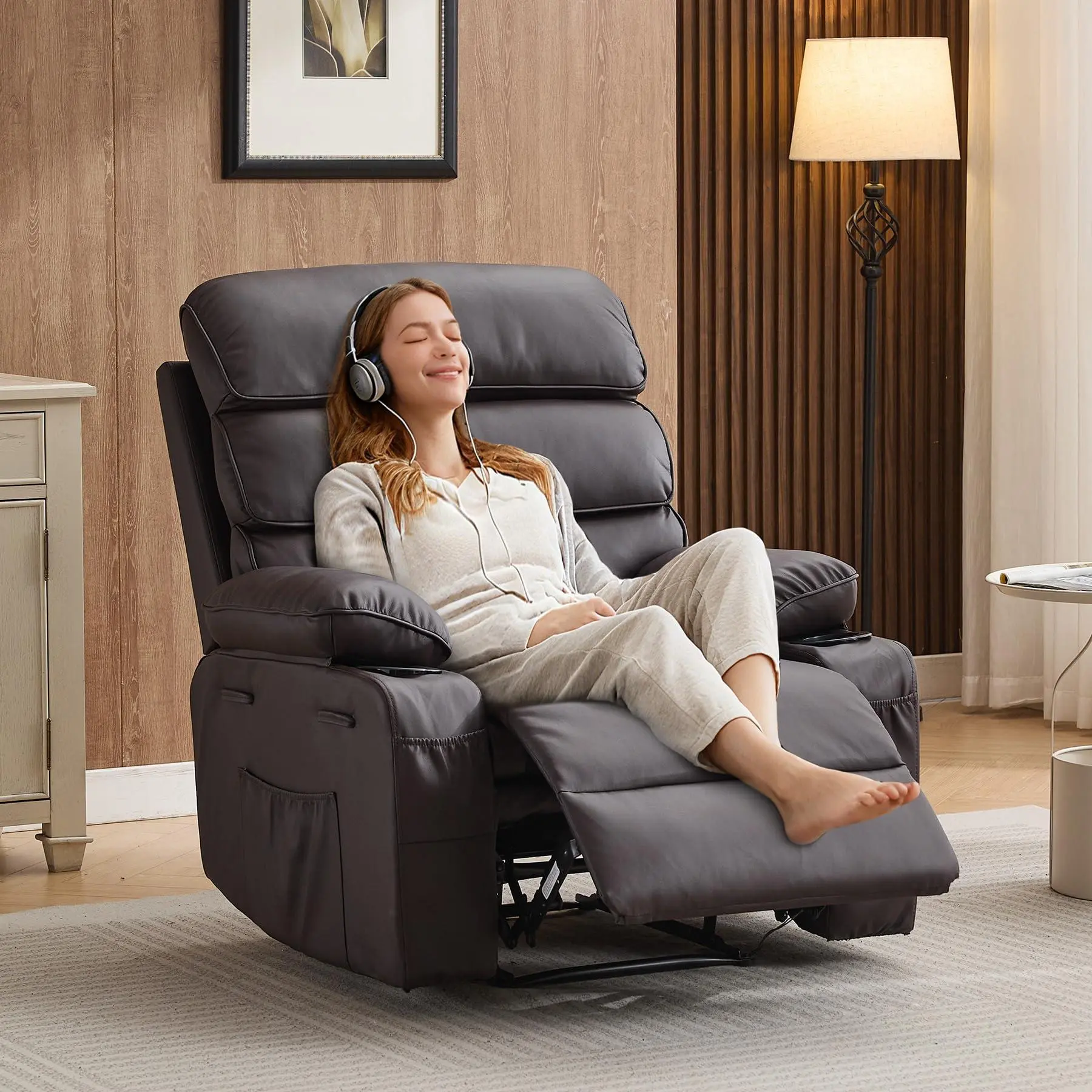 GARVEE Darkbrown PU Leather Extra Wide Manual Recliner for Adults with Massage and Heat, Large Lazy Chair with 1.5X Sponge Comfort Arm and Back for Living Room, Bedroom