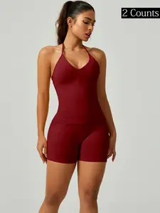 Women's Yoga Set, Seamless Longline Backless Tank Top & Tight-Fitting Shorts, Summer Athletic Wear Gym Workout, 2 Piece Fitness Clothing, Gymwear, Sports Outfits, Pilates Yoga Wear, Sporty Style Clothes