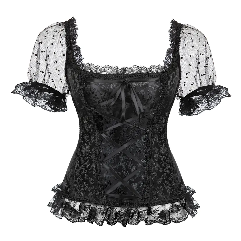 Women's Plus Size Sleeved Halter Neck Waist Trainer Corset Top - Lace Lingerie with Zipper, Basques, Gothic Look, Renaissance Halloween Costume Fashion (Golden, Blue, Black, White), Plussize