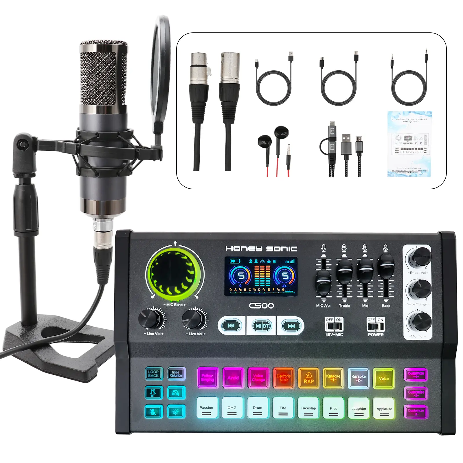 HONEY SONIC C500B Sound Card with Voice Changer Device, Preset Sounds, RGB Buttons, Shock Mount, 48V-5V Power Support, Audio Connection Cables for Windows Streamers, Beginners, Ios Android Pc