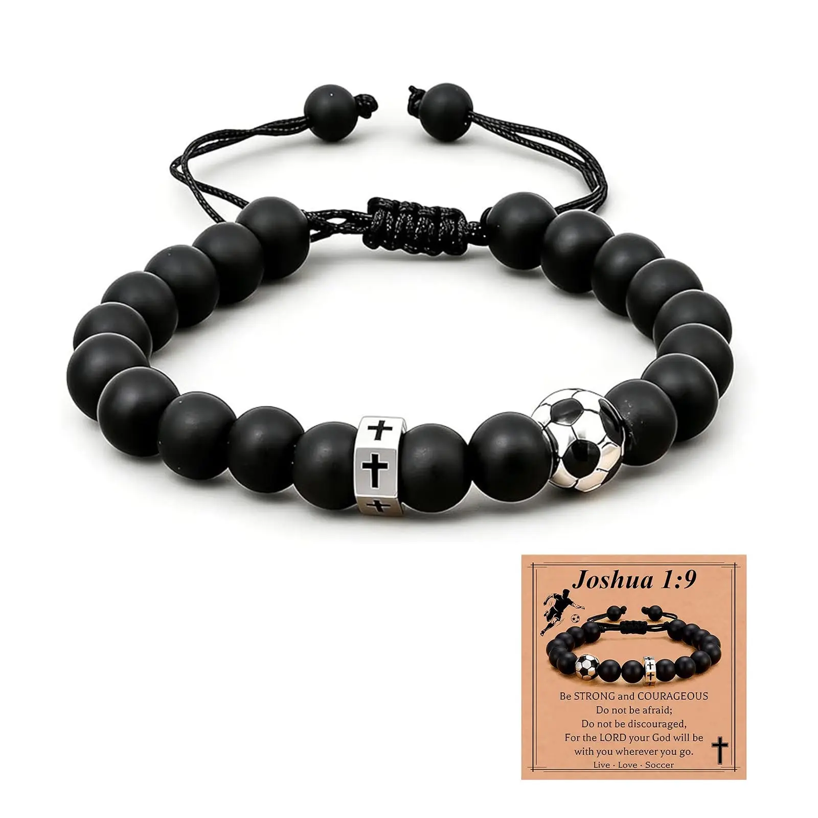 Baseball/Basketball/Football/Soccer BraceletFootball Cross Bracelet Gift for Boys & Men – Adjustable Sports Beaded Wristband with Inspirational Card, Matte Black Soccer Jewelry for Son Grandson Team Player Coach