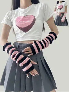 Women's Y2K Style Warm Wrist Warmer, Knit Striped Fingerless Gloves, Winter Gloves, Sweet Cute Jk Style, Perfect Halloween & Valentine's Gift