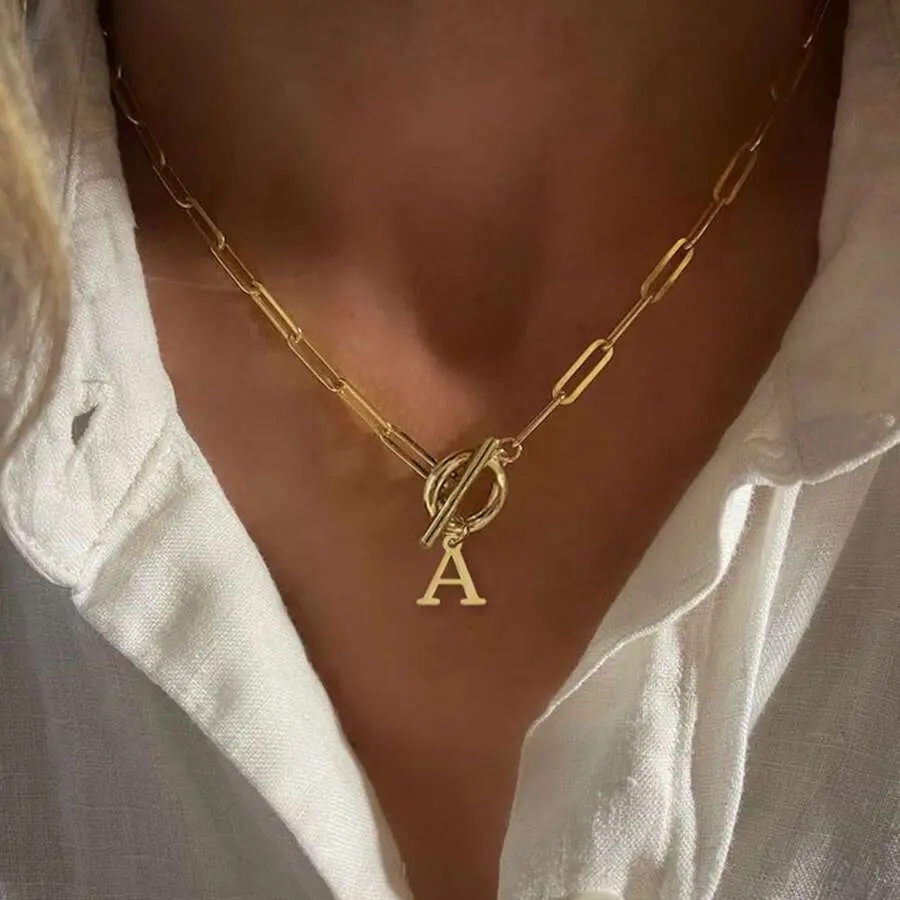 Women's Stainless Steel Paperclip Chain Necklace - Toggle Clasp, Initial Pendant, Custom Letters, Daily Versatile, Elegant Fashion Decorated Personalized Jewelry, Custom Letters Necklace