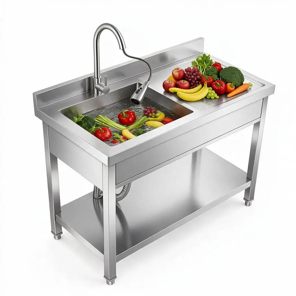 Outdoor Sink Station, Stainless Steel Utility Sink With Hot & Cold Faucet, 39.37 Inch Single Bowl Portable Wash Station With Storage Shelf, 360° Rotatable Faucet, Smooth Drainage For Kitchen, Garage