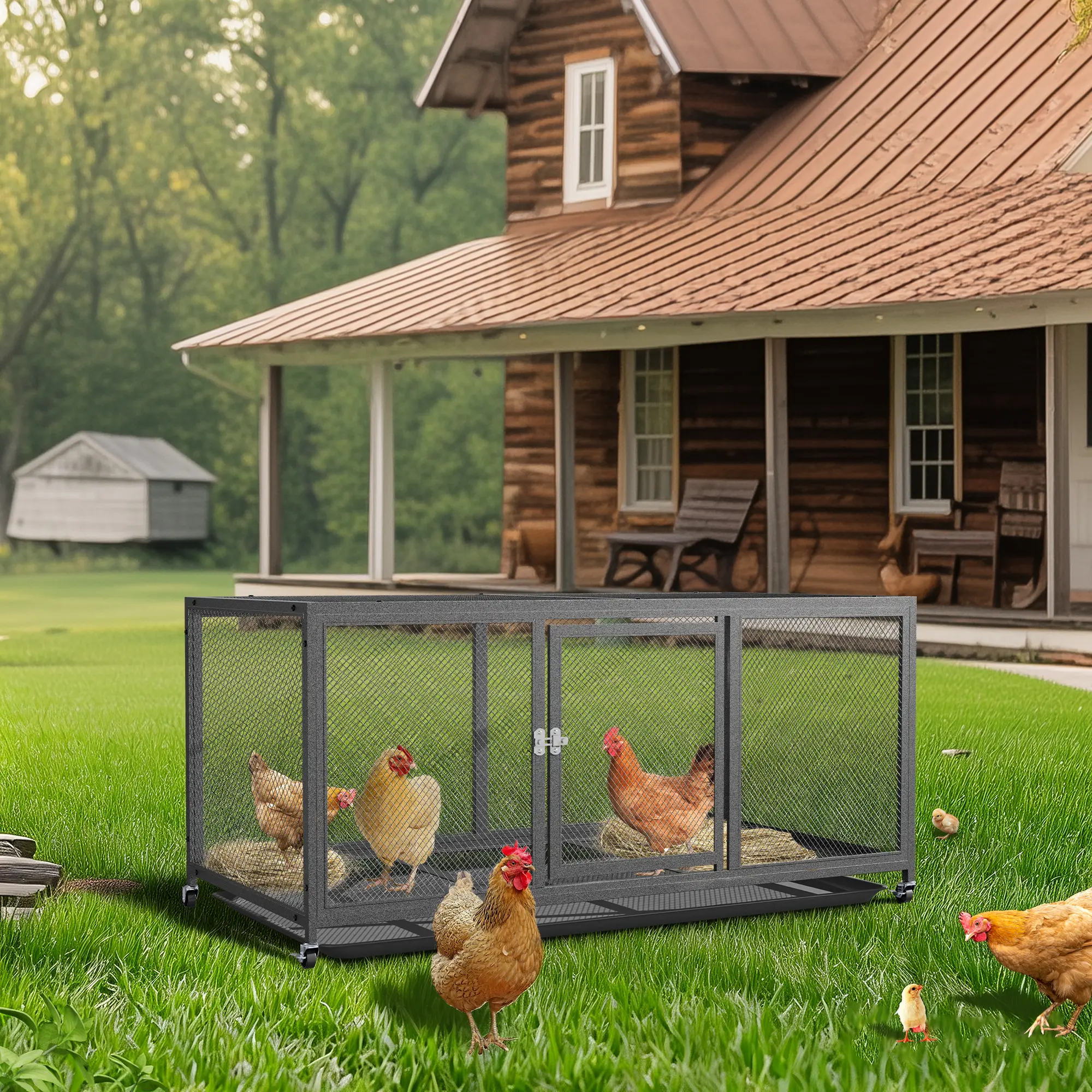 Bingopaw Metal Chicken Cage with Wheels, Elevated Indoor Chicken Cage with Water-proof Cover, Heavy Duty Movable Iron Chicken Coop for Balcony, Patio, Small Pet Chickens and Quail