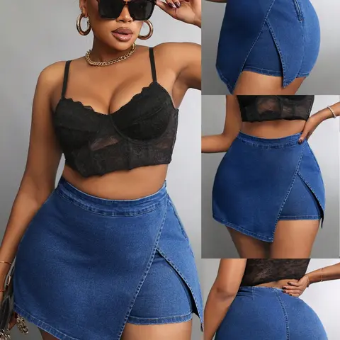 Women's Irregular Hem Denim Skirt Pants Set, Top and Bottoms, Casual High Waist Fit Jeans, Comfortable Stretch Fabric, Perfect for Daily Wear
