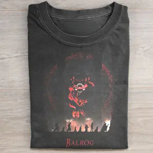 Gildan Menswear Fitted Round Neck Shortsleeve Cotton Printed T-Shirt - Vintage Lord of the Rings Graphic, Balrog, Gandalf, Frodo Baggins, Mount Doom Scenes, Streetwear, All-Seasons Casual Top