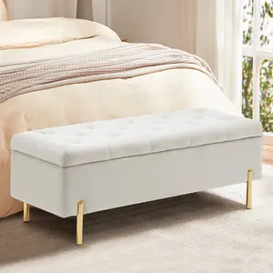 45 Inch Velvet Storage Bench Upholstered Tufted Settee Ottoman Bench with Storage, Bed End Bench with Soft Close Lid, for Bedroom, Living Room, Entryway, Rectangular Accent Bench, Beige